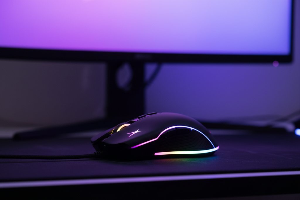 Altec Lansing GM300 black gaming mouse with rainbow RGB underglow on dark gaming desk with glowing monitor in background