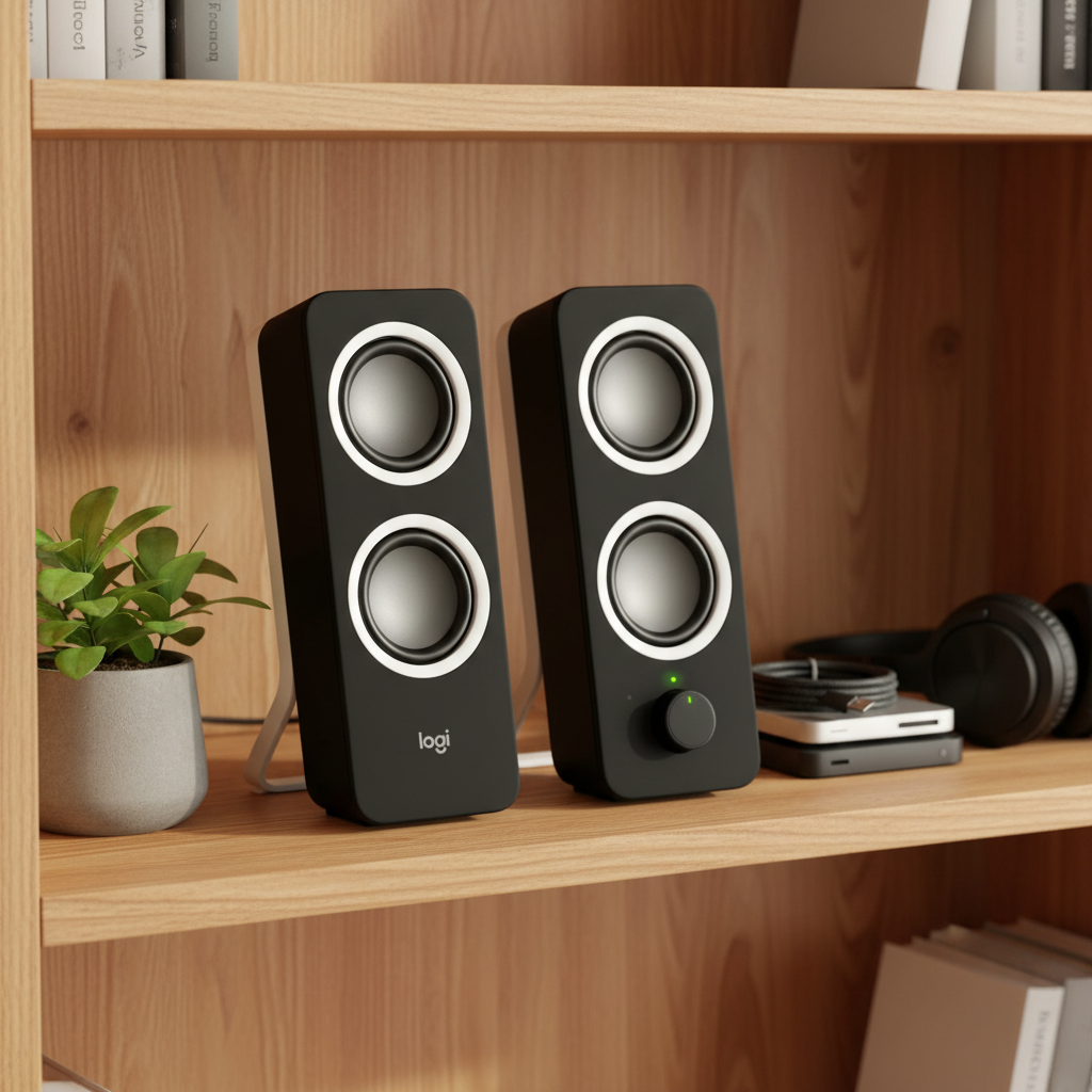 Logitech Z200 speakers on wooden bookshelf next to organized tech accessories and small plant