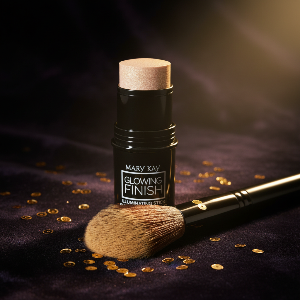 Mary Kay Glowing Finish Illuminating Stick Gold glossy black stick with cream golden shimmer bullet on dark velvet with warm golden spotlight lighting, scattered gold sequins and a makeup brush — glamorous editorial beauty shot