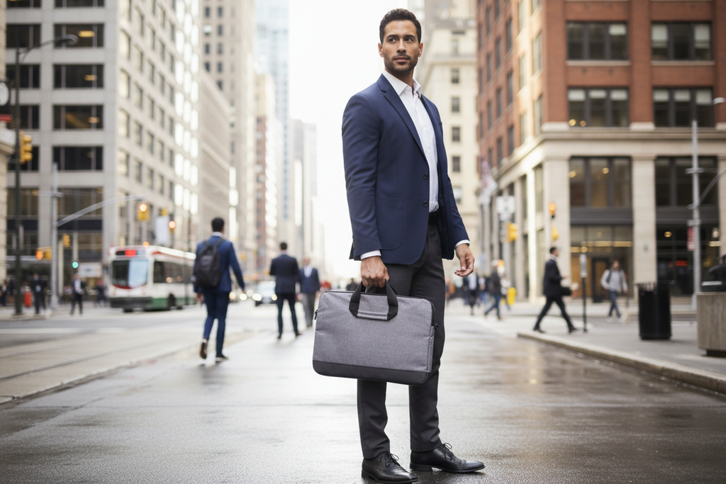 Targus Strata 15.6-inch grey heather laptop bag held by professional in urban city setting