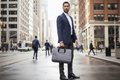 Targus Strata 15.6-inch grey heather laptop bag held by professional in urban city setting