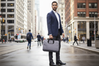 Targus Strata 15.6-inch grey heather laptop bag held by professional in urban city setting