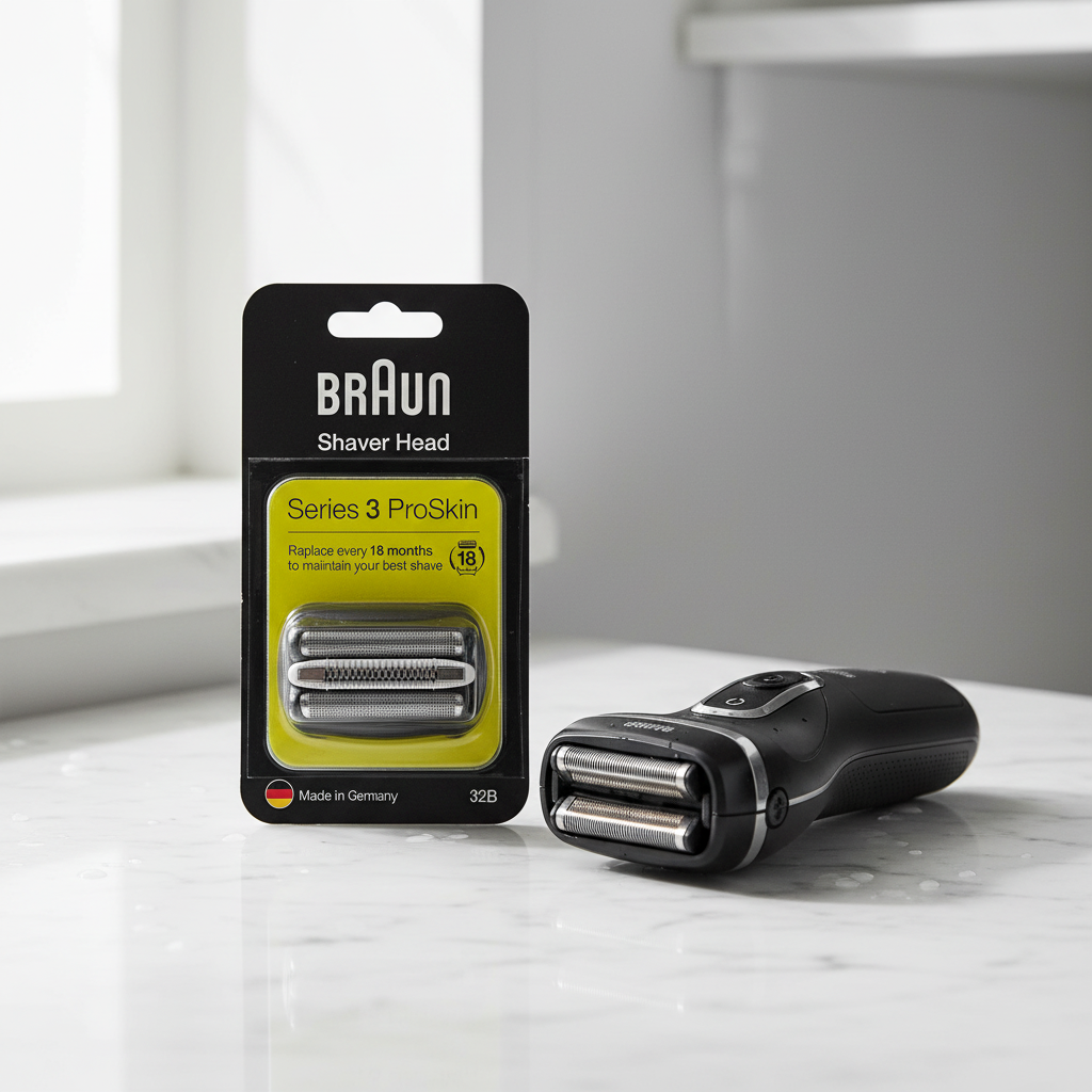 Braun Series 3 ProSkin 32B black shaver head replacement black and yellow retail pack beside compact electric shaver on white marble – More4less Outlet