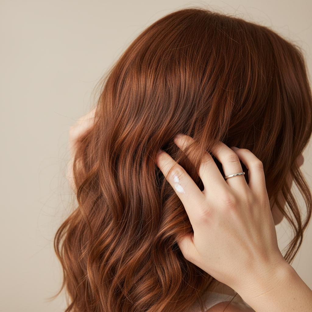 Fingers working texture crème through wavy hair showing natural separation and shine lifestyle photo