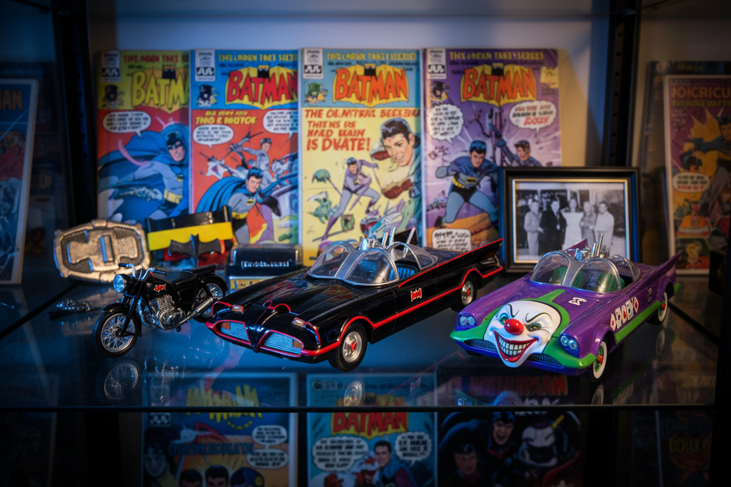 Jada Nano Hollywood Rides Batman Classic TV Series 3-Pack displayed on collector shelf with Batman memorabilia – More4less Outlet
