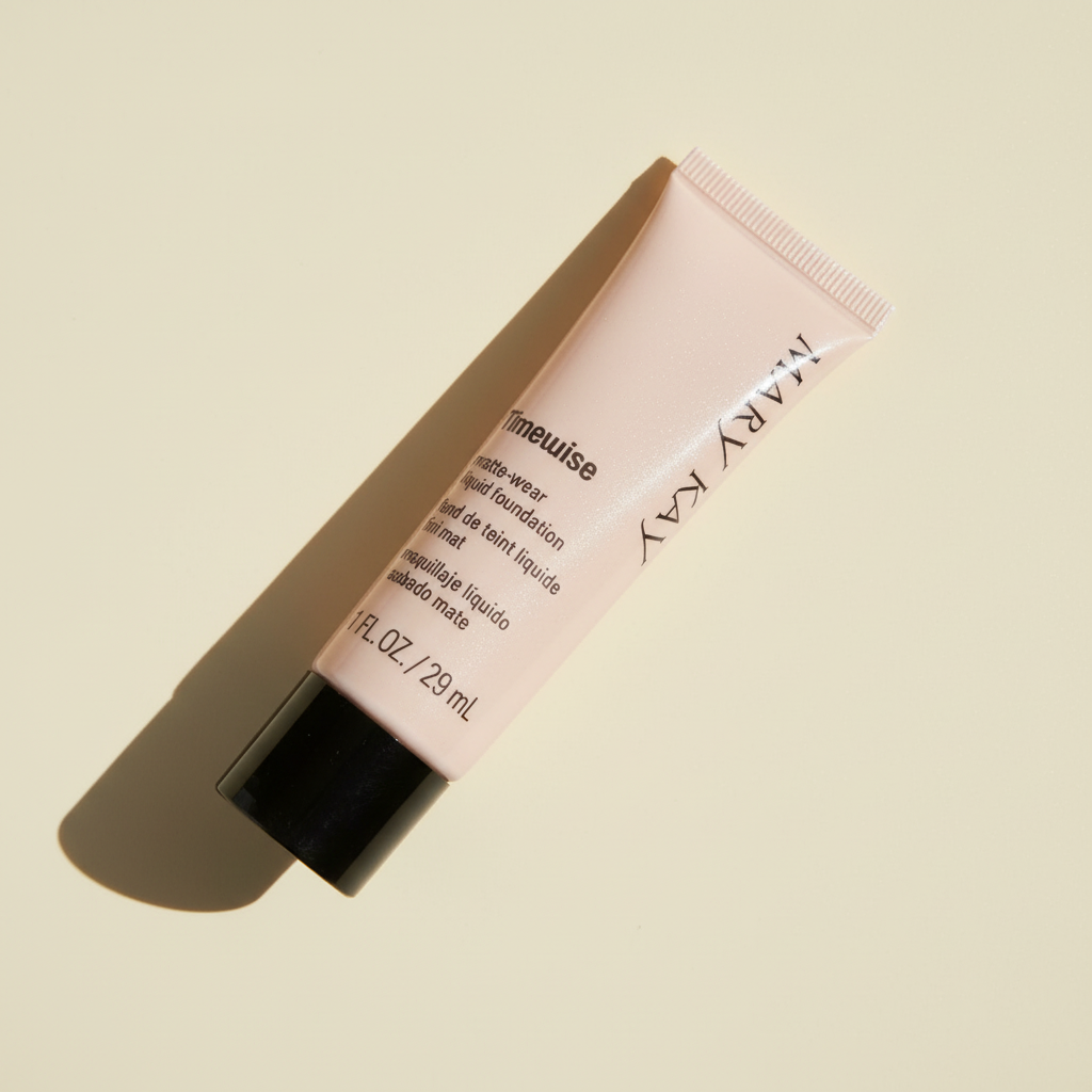 AI-generated lifestyle/context image of Mary Kay TimeWise Matte-Wear Liquid Foundation on a warm ivory surface.