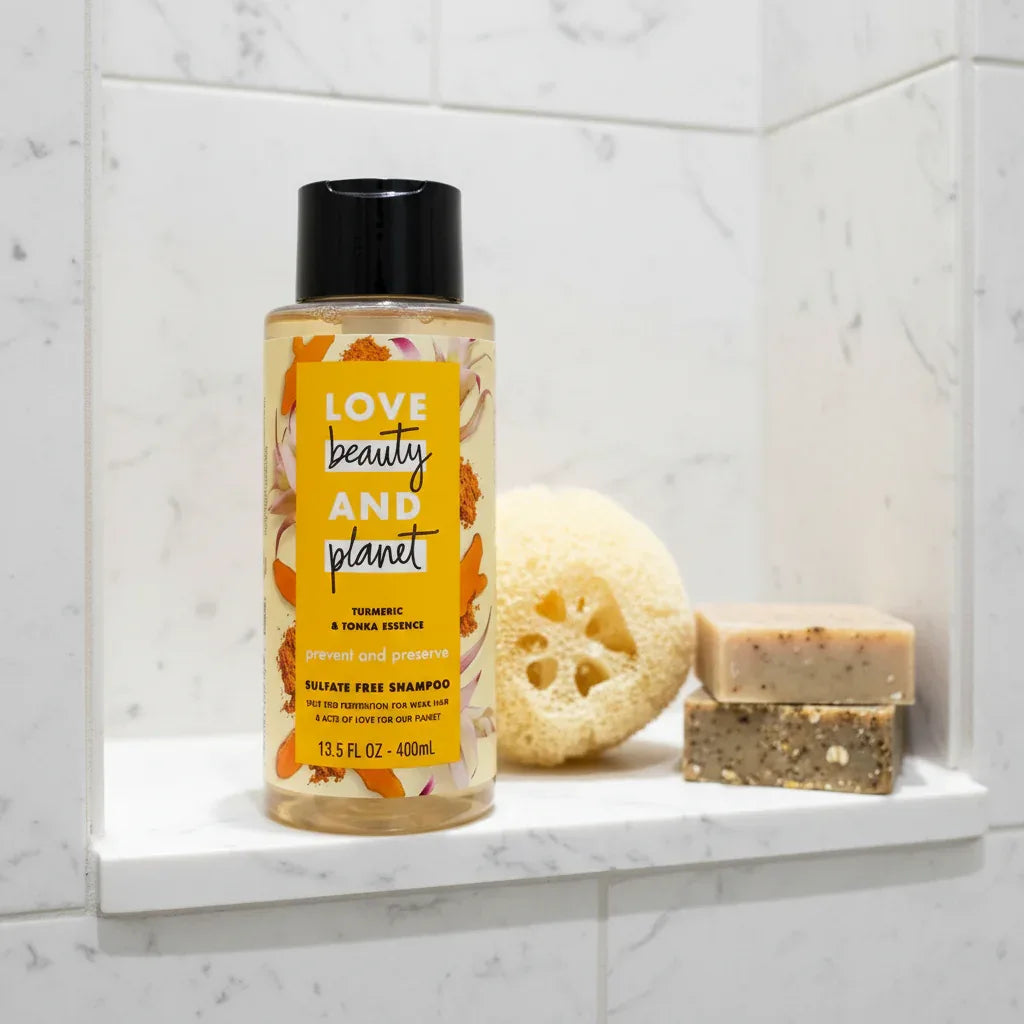 Love Beauty and Planet Turmeric & Tonka Shampoo bottle inside white stone shower niche next to fresh loofah and eco-friendly bar soaps