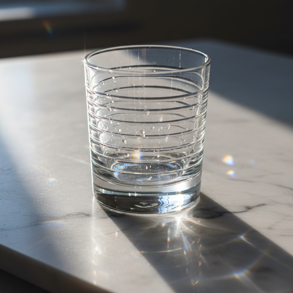 Macro shot of Godinger Ludlow linear crystal texture and light reflections on marble surface