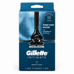 Gillette Intimate Pubic Hair Razor retail box on a white background