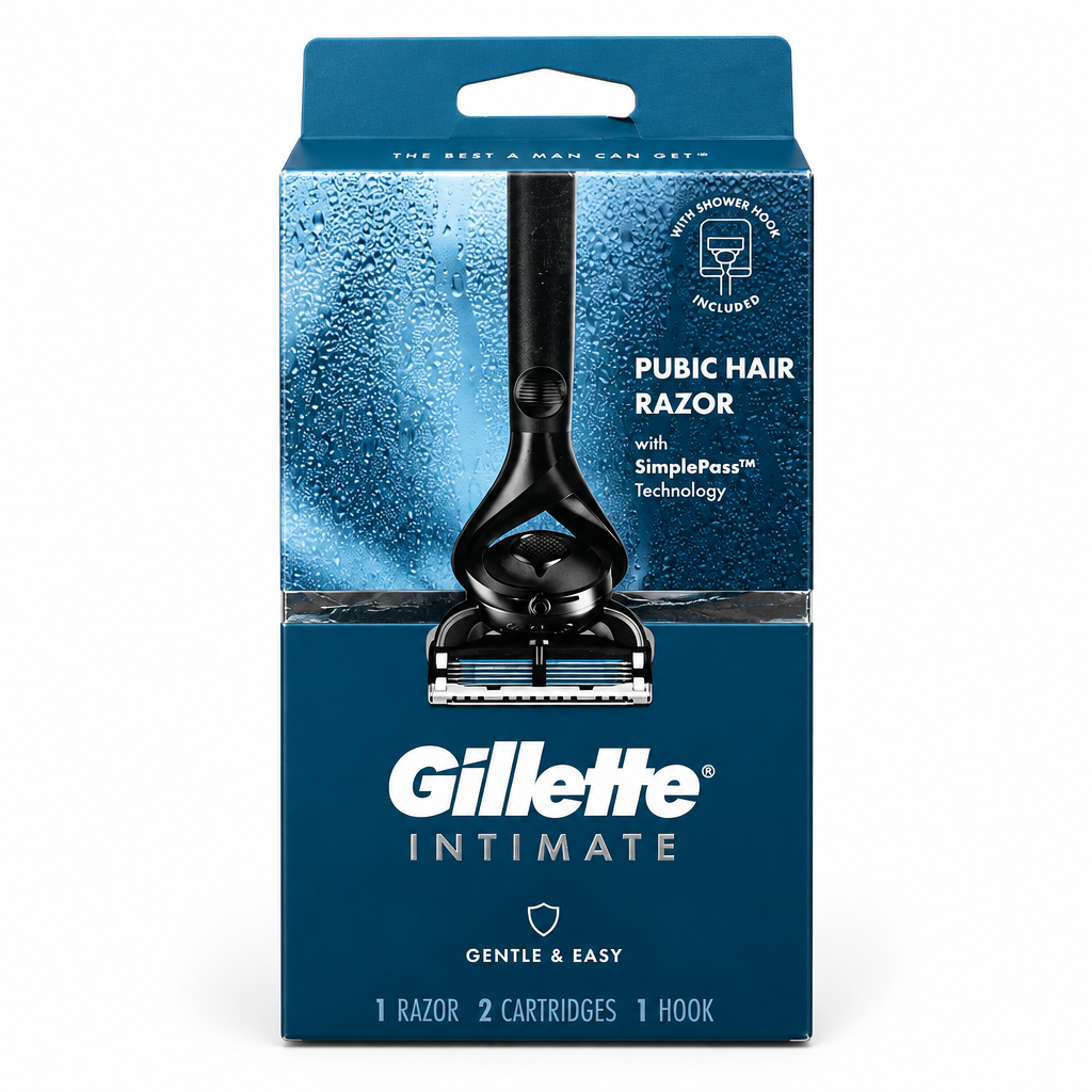 Gillette Intimate Pubic Hair Razor retail box on a white background