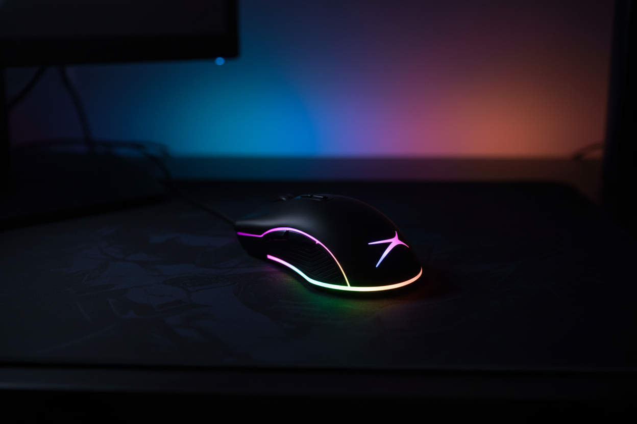 Altec Lansing GM300 black gaming mouse with rainbow RGB underglow and lit Altec Lansing X logo on dark mousepad in moody RGB gaming room