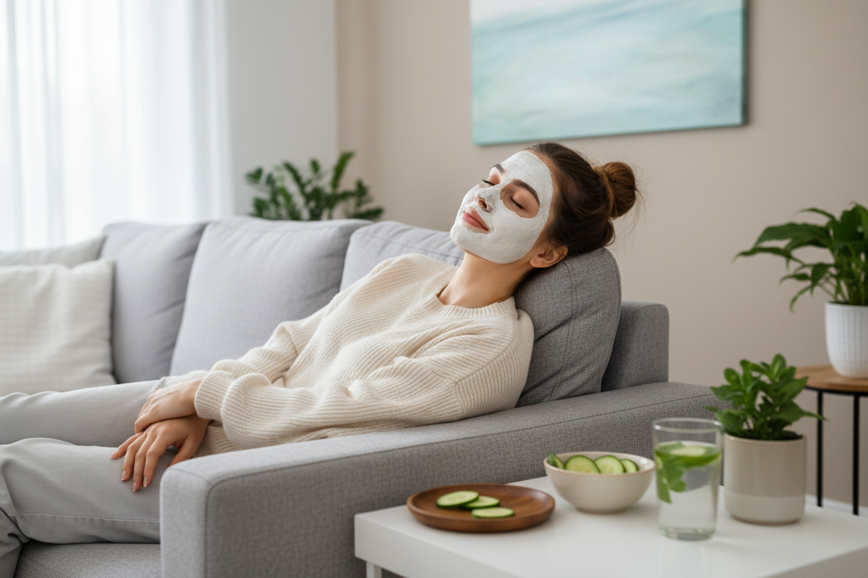Young woman relaxing with white clay face mask applied - skincare self-care lifestyle