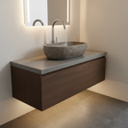 Lordear modern high arc brushed nickel bathroom faucet on grey stone vessel sink vanity in contemporary bathroom with warm ambient lighting