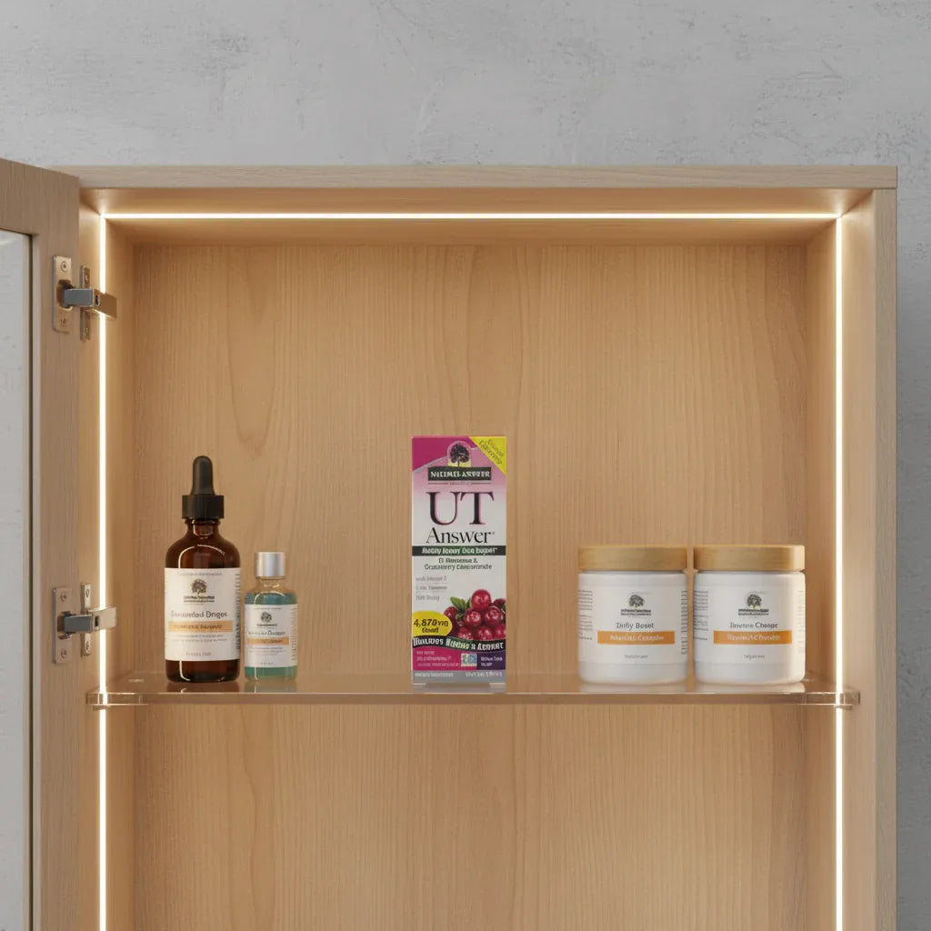 Nature's Answer UT Answer D-Mannose Cranberry box on wooden medicine cabinet shelf with premium apothecary bottles and health jars