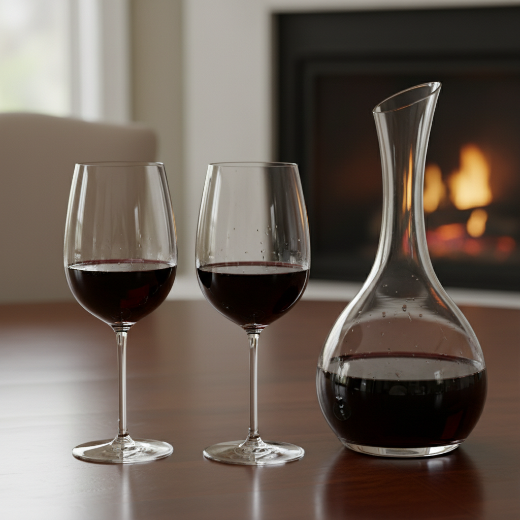 Pair of elegant flat-bottomed crystal red wine glasses filled with deep red Cabernet Sauvignon on a dark wood dining table beside a decanter