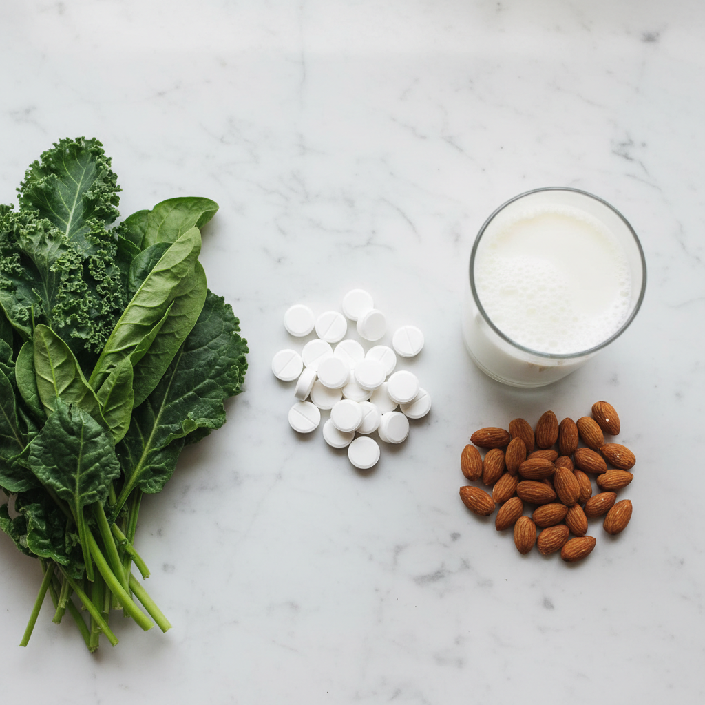 Flat lay of calcium supplement tablets with milk, almonds, and leafy greens on marble