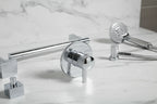 Close-up of sleek polished chrome bathroom trim hardware on a marble surface