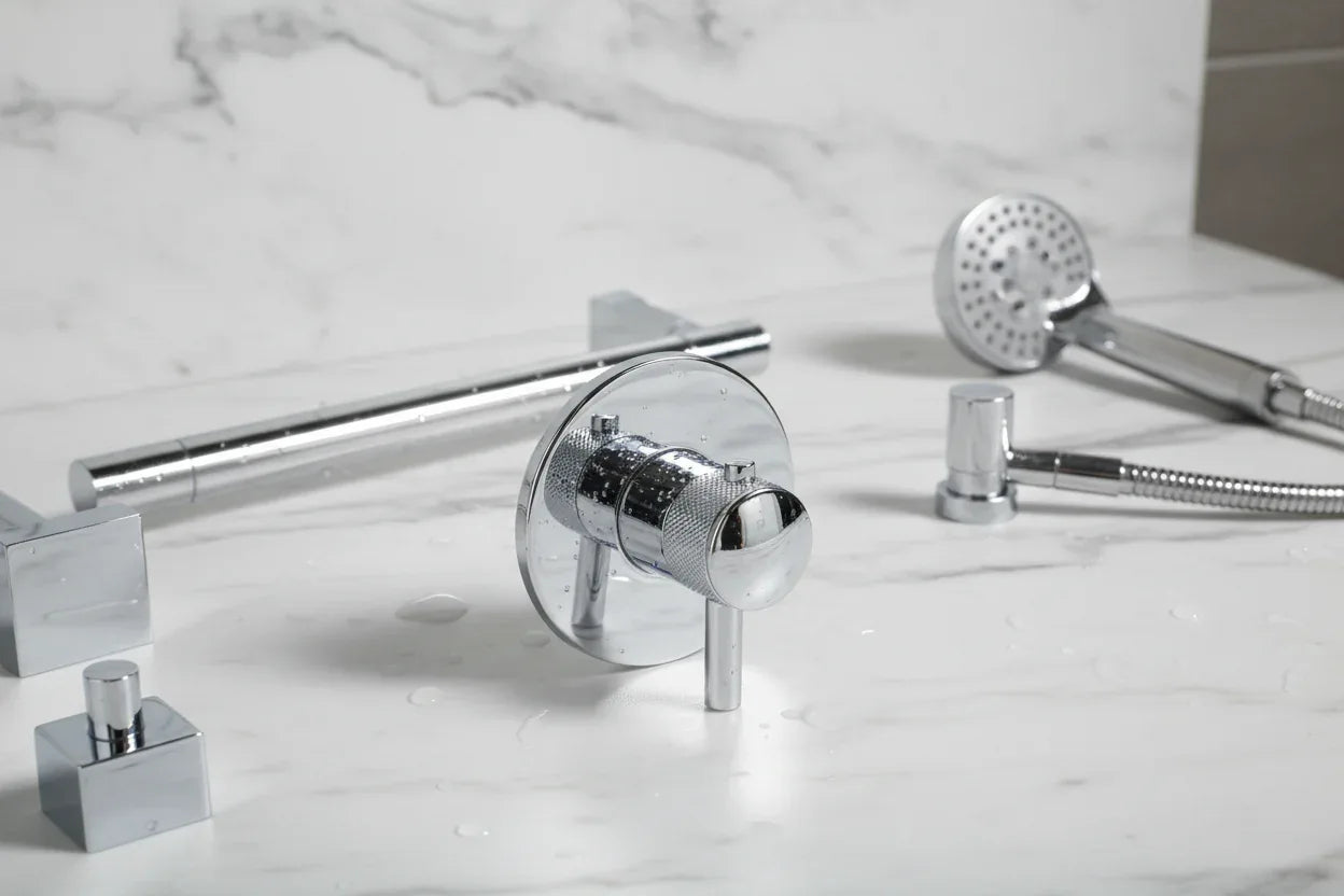 Close-up of sleek polished chrome bathroom trim hardware on a marble surface