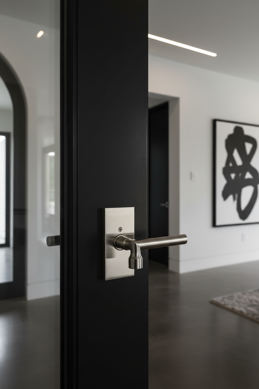 Baldwin Reserve contemporary half-dummy lever installed on matte-black solid-wood interior closet door in modern home