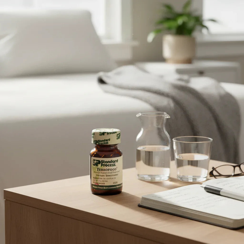 Standard Process Ferrofood on wooden bedside table with water carafe and health tracking journal for morning routine