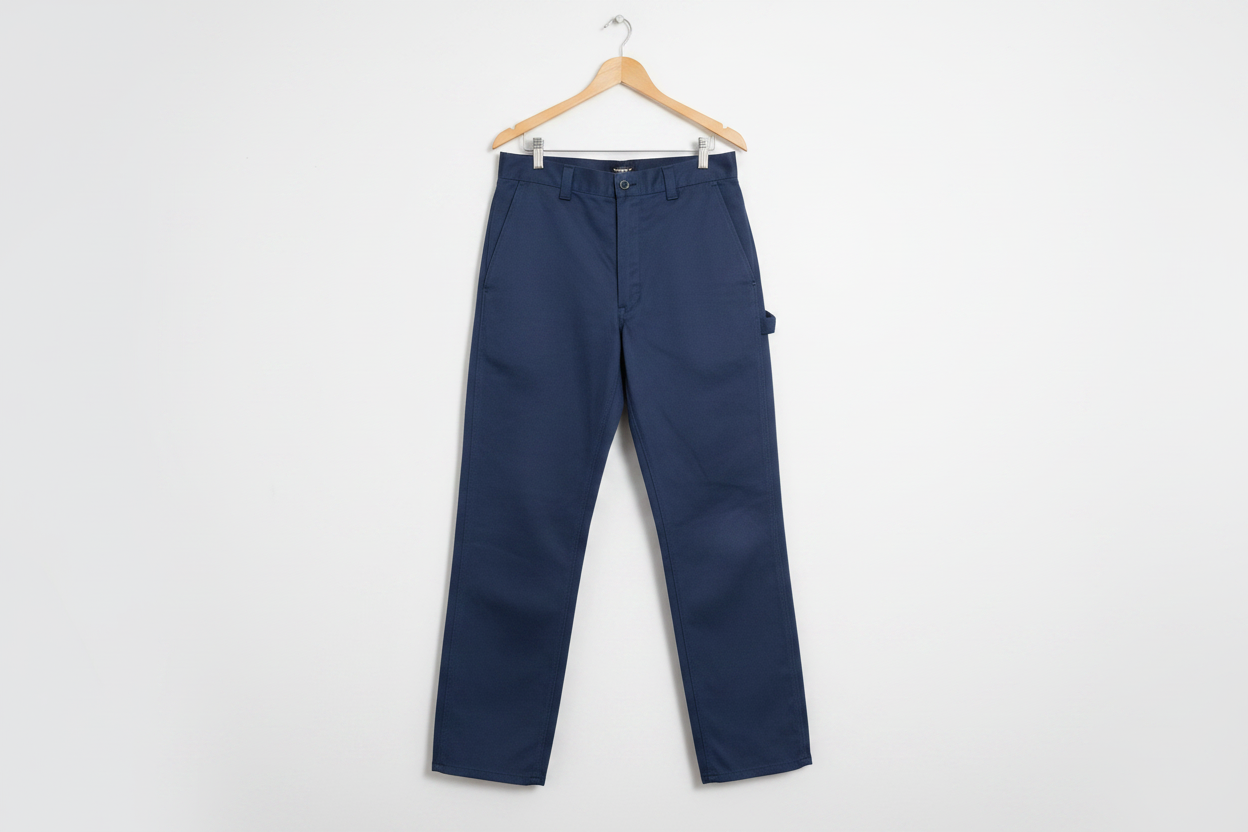 Dickies 874 Original Fit Work Pant navy 50x30 hanging on wooden hanger showing center crease and belt loops – More4less Outlet