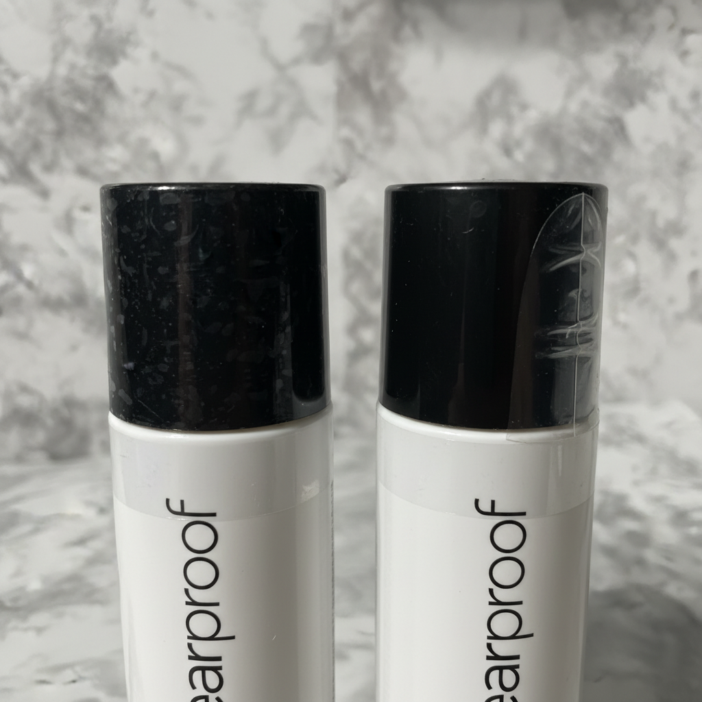 Close-up of black caps on Mary Kay Clear Proof Blemish Control Toner bottles showing factory-sealed condition
