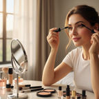 Woman at sunlit vanity applying rich black mascara with flexible sculpted wand showing long lifted separated lashes