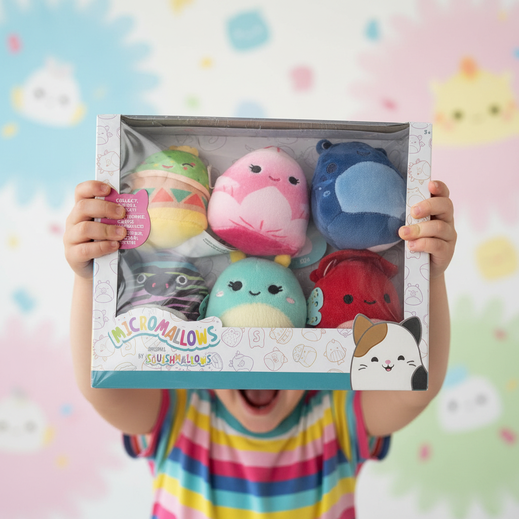 Child holding Squishmallows Micromallows 6-Pack Series 2 gift box with excitement — More4less Outlet lifestyle image