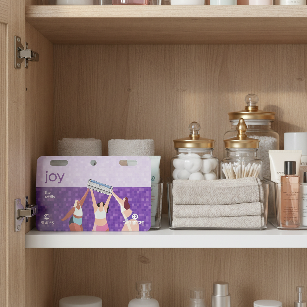 Joy 5-Blade Razor Refills 12ct in organized bathroom linen cabinet with apothecary jars and personal care storage