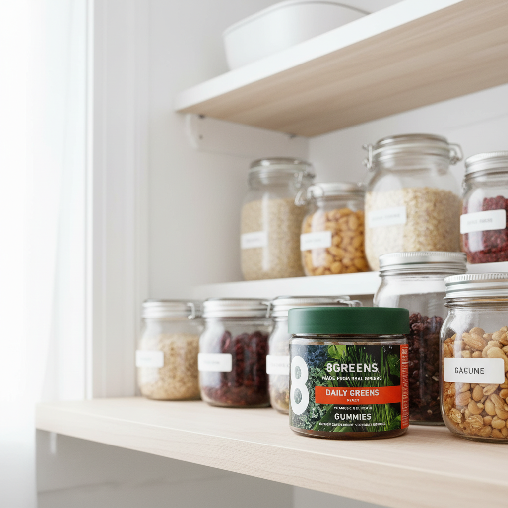 8Greens Daily Greens Peach Gummies jar in white kitchen health pantry on tiered shelf with clean-label whole-food jars