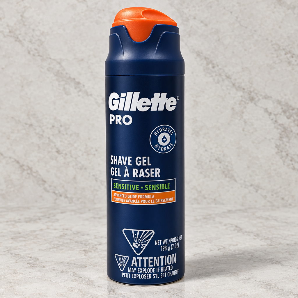 Gillette PRO Sensitive 7 oz shave gel can on pale stone