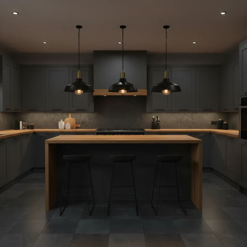 Globe Electric Robin satin black pendant light hanging over modern kitchen island