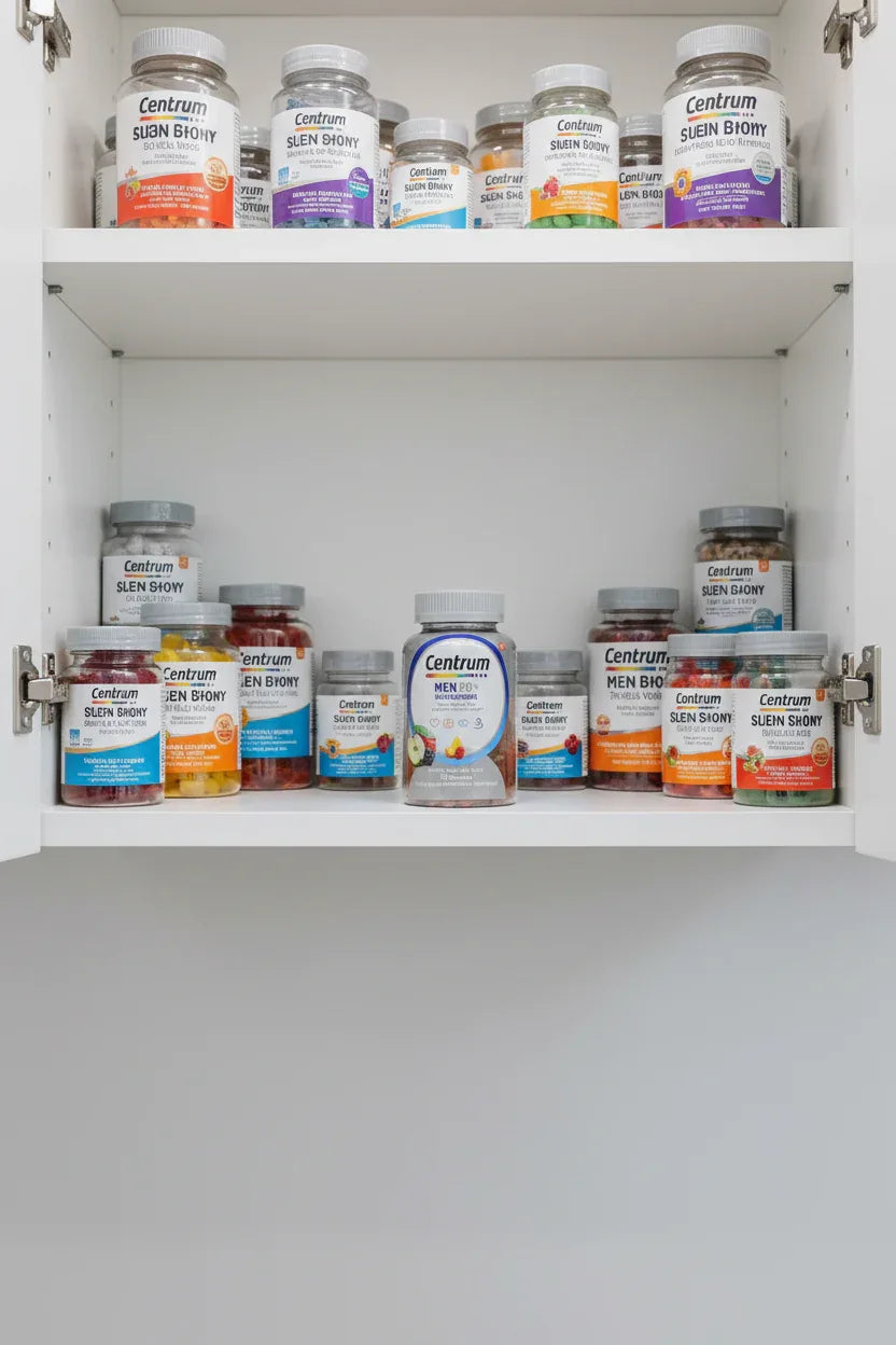 Centrum Men 50+ MultiGummies organized in white kitchen cabinet with soft lighting alongside other supplement jars