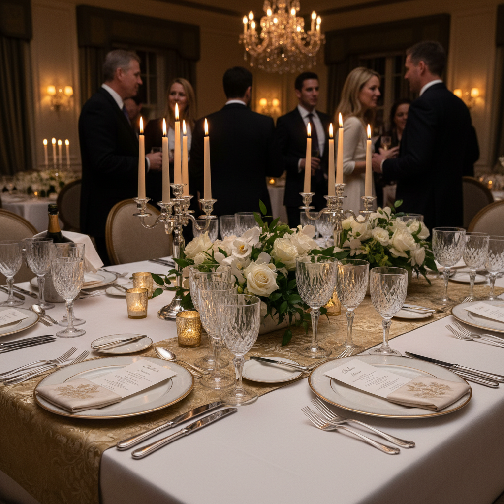 Formal dinner party setting featuring elegant Oneida crystal stemware