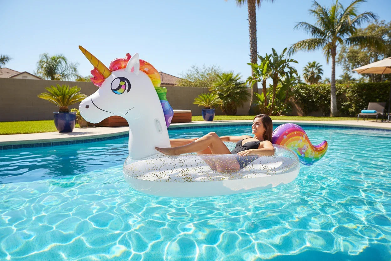 PoolCandy Glitter Unicorn pool raft floating in sunny backyard swimming pool