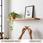 Lifestyle — finished natural wood floating shelf mounted on white wall beside small potted plant and framed art — DIY woodworking project result editorial for visual context only