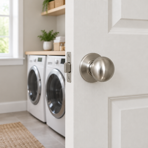 AI-generated lifestyle photo of the satin nickel passage knob installed on a laundry room door