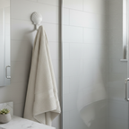 White decorative hook holding a plush bath towel on a bathroom wall near a glass shower enclosure