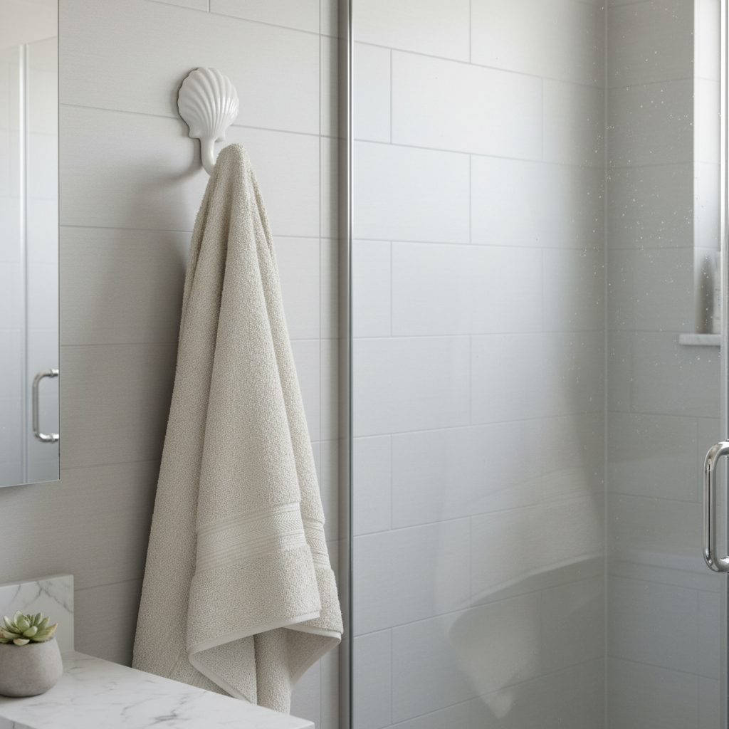 White decorative hook holding a plush bath towel on a bathroom wall near a glass shower enclosure