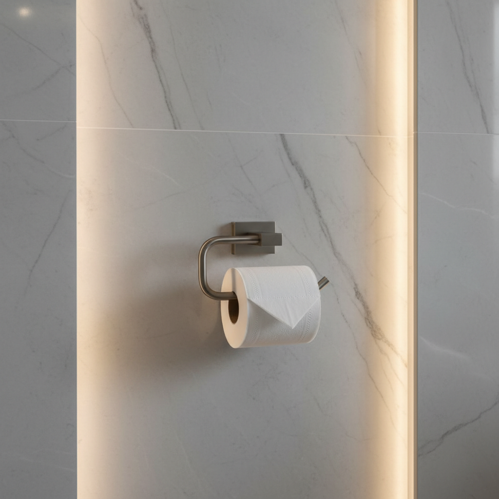 Modern luxury bathroom with grey marble tiles and matte stainless toilet paper holder in warm ambient light