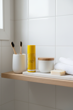 Minimalist bathroom shelf with professional grade yellow skincare serum bottle among clean white accessories in soft natural lighting