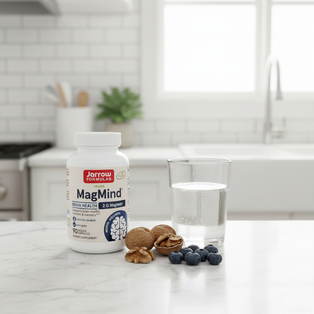 Jarrow Formulas MagMind supplement bottle on marble countertop with walnuts and blueberries – brain nutrition wellness lifestyle