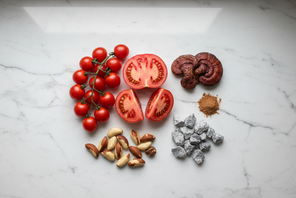 Lycopene tomatoes reishi mushrooms zinc and selenium brazil nuts flat lay wellness ingredients lifestyle photo