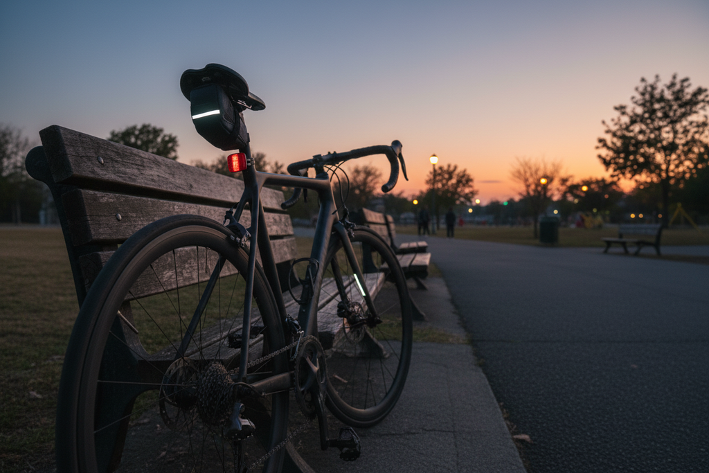 Road bike at dusk showing Schwinn seat pack reflective piping glowing for low-light visibility — safety saddle bag for evening cycling
