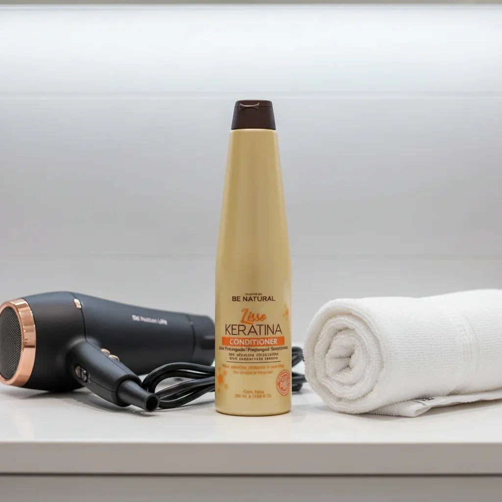 Be Natural Lisso Keratina Conditioner champagne gold bottle on minimalist bathroom vanity next to upscale hairdryer and fresh-rolled white cotton towel