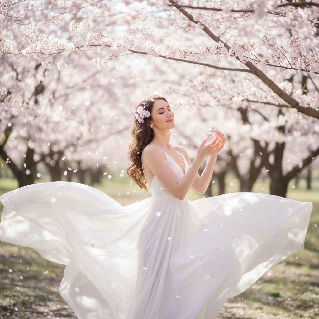 Lifestyle image - woman in white dress in blooming cherry blossom garden, serene spring lifestyle fragrance editorial for visual context only
