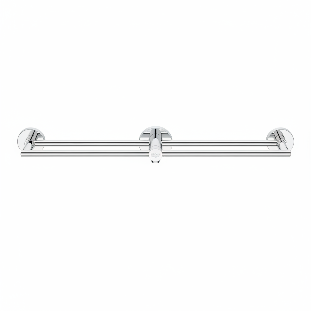 Grohe Essentials polished chrome 2-arm swivel towel bar full assembly with both arms extended on white studio background