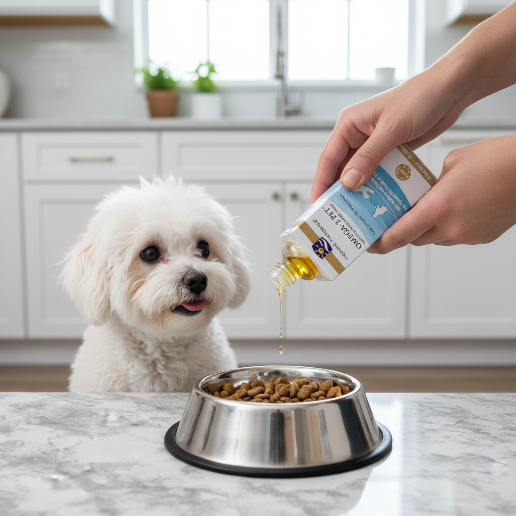 Person adding omega-3 fish oil drops to small dog food bowl, pet care lifestyle