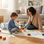 Young child and parent sitting together on living room floor playing with colorful educational learning toys and alphabet flashcards