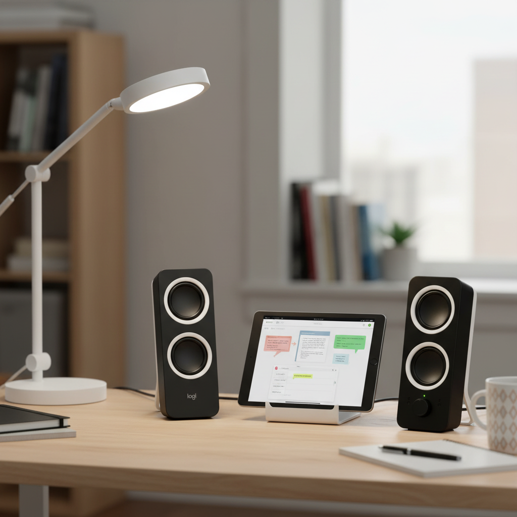 Logitech Z200 speakers in contemporary college desk setup alongside aesthetic lamp and modern tablet with digital notes